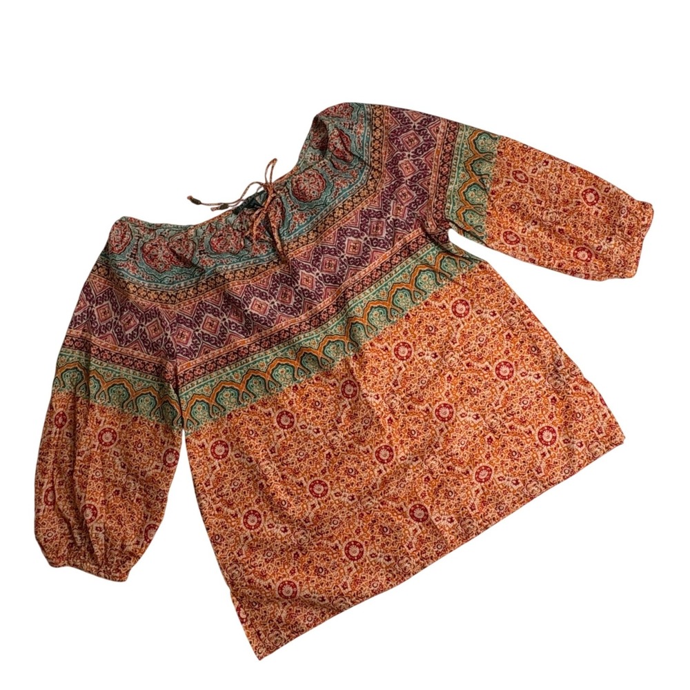 Lauren Ralph Lauren Orange Boho Peasant Top‎ L Beaded Multi Blouse LRL